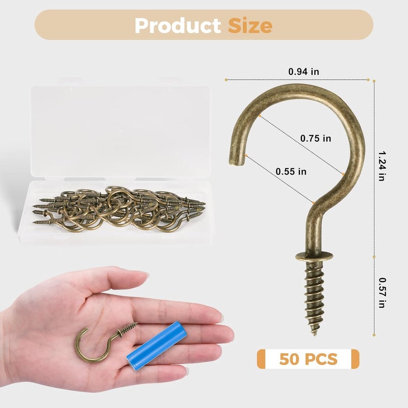 RELBRO Screw Hooks, 1-1/4 Inch Metal Screw in Cup Hooks, Bronze, 50 Pcs - Image 3